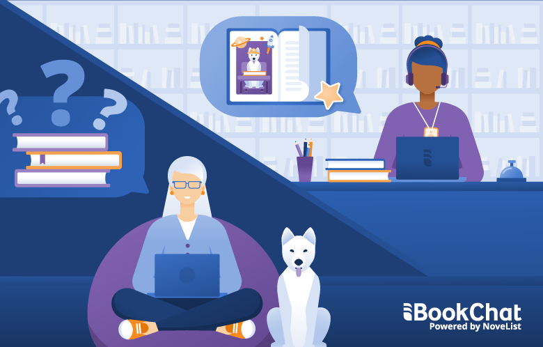 Split illustration of a librarian with open book in chat bubble  and a woman sitting on a beanbag chair with her dog with a stack of books and questions marks in a chat bubble.